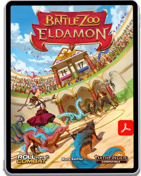 Illustrated cover of "Battlezoo Eldamon" featuring vibrant fantasy creatures in an arena. A warrior and mystical beasts engage in battle as the scoreboard reads 14-17. Logos for Roll for Combat, Pathfinder, and 5E appear at the bottom.