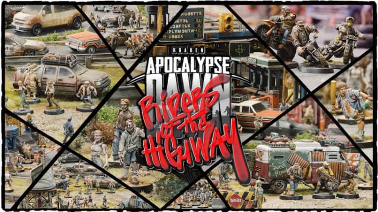 A Kickstarter Campaign by Kraken 3D Studios presents a collage of miniature figures and vehicles in a post-apocalyptic scene. The central text, "Apocalypse: Riders of the Highway," stands out in bold red font as figures pose amidst detailed, rustic settings.