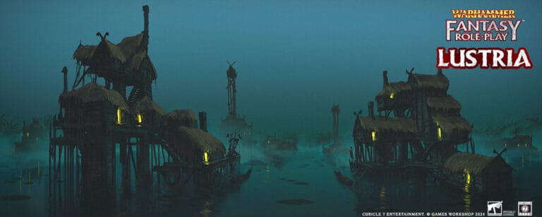 Experience the eerie allure of Lustria in Warhammer Fantasy Role-Play, as dark, misty swamps with wooden huts on stilts glow under yellow lights. Tall watchtowers loom in the background, while overcast skies cast reflections on the water, capturing the gloomy atmosphere of this new release.