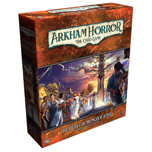 Box art for "Arkham Horror: The Card Game" expansion, "The Feast of Hemlock Vale," by Fantasy Flight Games, showcases an illustration of people gathered around a decorated pole in a nighttime festival setting with glowing lanterns.