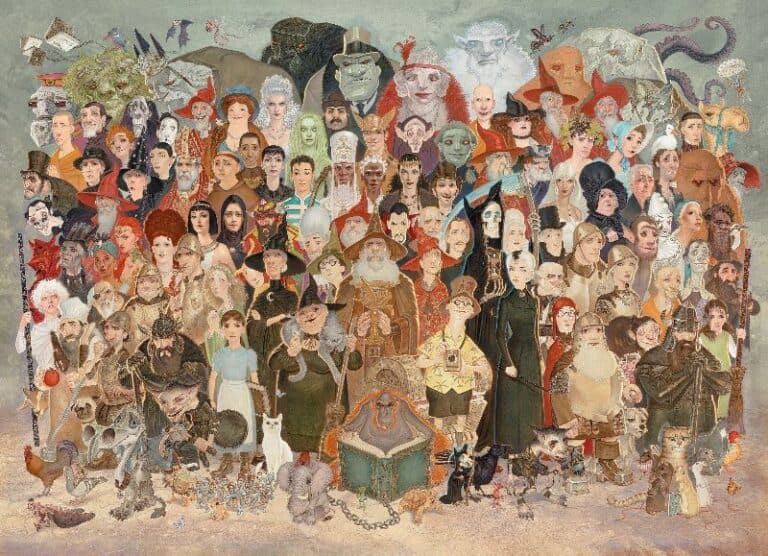 A colorful collage of whimsical characters, including humans, animals, and mythical creatures from Discworld, dressed in diverse costumes. The characters are closely packed, some holding objects like a treasure chest. A mystical, fantasy-themed atmosphere reminiscent of Modiphius Entertainment prevails.
