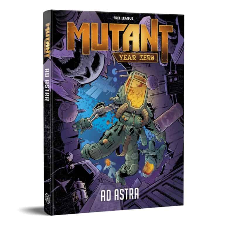 Cover of "Mutant Year Zero: Ad Astra Expansion" by Free League Publishing. It features an astronaut with a glowing helmet, floating amidst futuristic debris in space. The background reveals a mysterious cosmic landscape with a planet and swirling clouds.
