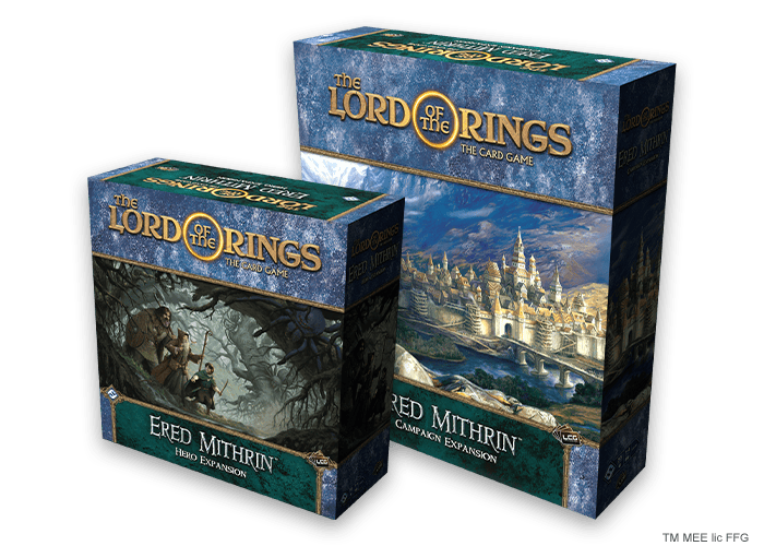 Image of two boxes for "The Lord of the Rings: The Card Game" by Fantasy Flight Games. The first is "Ered Mithrin," part of the Ered Mithrin Cycle, and the second is "Ered Mithrin Campaign Expansion." Both boxes feature fantasy artwork with mountainous landscapes.