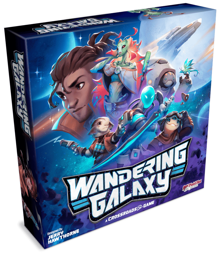 The colorful board game box titled "Wandering Galaxy" by Plaid Hat Games features animated characters in a space setting, including a warrior, an alien, a robot, and a scientist. With dynamic art and a spaceship in the background, this Crossroads Game offers vibrant and engaging adventures.