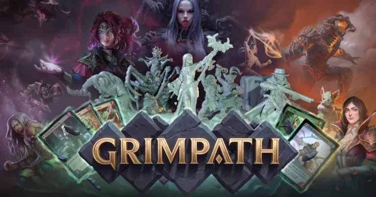 Artwork for the game "Grimpath" showcases its trading card illustrations, featuring fantasy wargaming characters and creatures. The game's title is the central focus, enveloped by magical elements and various figures in a dark, mystical setting.