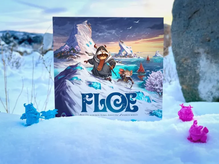 The image showcases a board game cover titled "Floe," featuring icy adventures in a snowy landscape. Two animated characters stand on the ice, one in a hooded coat and the other smaller. Brightly colored game pieces rest in the snow, drawing attention to its exciting Kickstarter campaign.