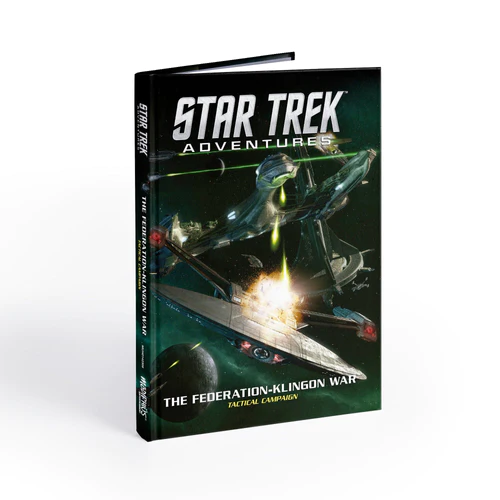 The cover of "Star Trek Adventures: The Federation-Klingon War" book vividly captures a tactical campaign in space, featuring an intense spaceship battle with explosions between two starships. The title is prominently displayed at the top, setting the tone for this epic saga.