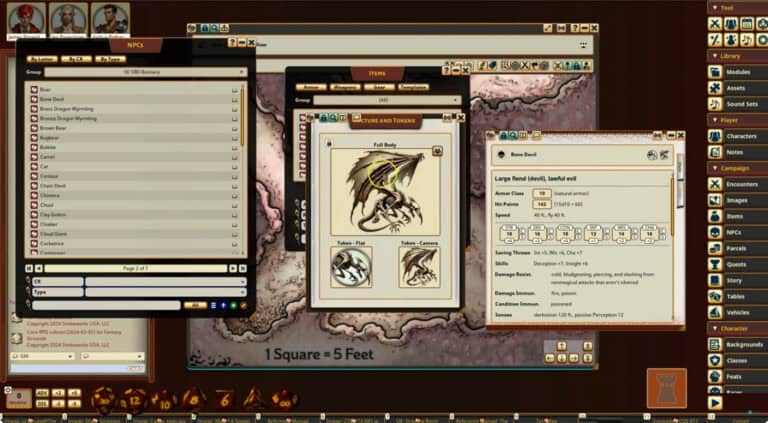 Screenshot of a Fantasy Grounds test build interface showcasing new features: various open windows display menus for NPCs, creature statistics, and an illustrated dragon. The detailed map in the background highlights scale, immersing players in the magical world.