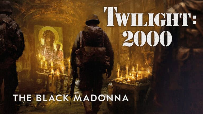 A soldier stands in a dimly lit room filled with flickering candles and a religious icon of the Madonna. The text, "Twilight: 2000 The Black Madonna," looms above, enhancing the atmosphere's mysterious and somber tone reminiscent of navigating Hostile Waters.