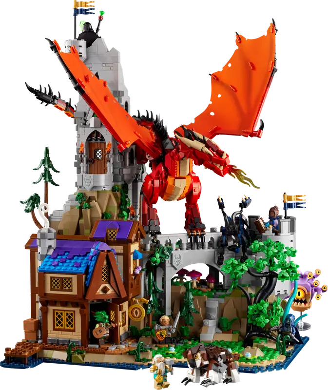 This LEGO Ideas set brings to life the enchanting world of Dungeons & Dragons, featuring a vibrant red dragon with large wings perched on a gray castle tower. A medieval village surrounds it with a small house, trees, and a knight on horseback ready to face the dragon.