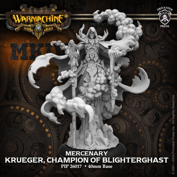A detailed miniature figure of Krueger, Champion of Blighterghast, from the game Warmachine. Set on a 40mm base with swirling clouds and intricate armor design, it stands majestically against a mechanical-themed background fit for Emperor Carver's grand arena.
