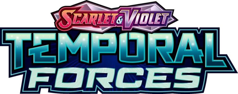Logo for the Pokémon TCG: "Scarlet & Violet: Temporal Forces," featuring bold, colorful text with a dynamic design.