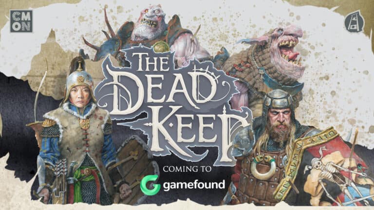 Illustration of "The Dead Keep" game poster, showcasing three fantasy characters: a woman in armor, a bearded warrior, and a creature lurking behind. Mark your calendars for the Pre-Order Launch on March 18th. The text "Coming to Gamefound" is elegantly displayed below the title.