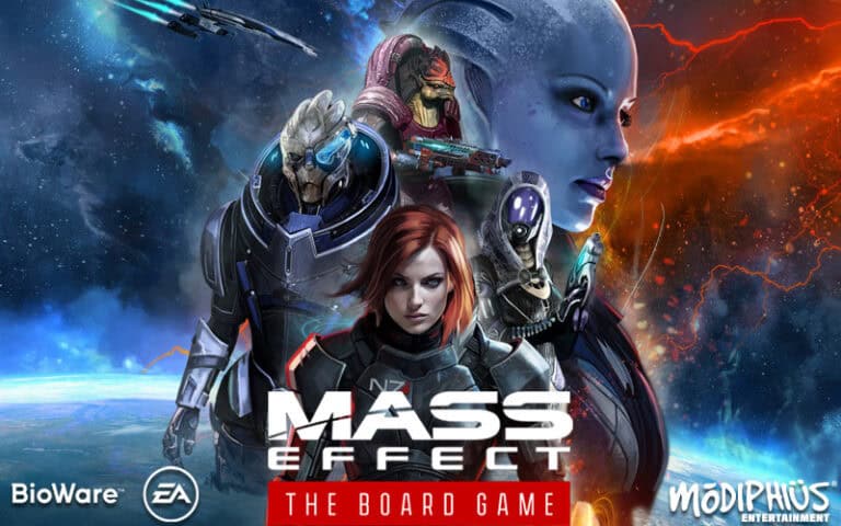 Cover art for "Mass Effect: The Board Game" showcases iconic characters against a stunning space backdrop of planets and stars. Logos for BioWare, EA, and Modiphius Entertainment enhance the design, capturing the epic essence of this much-anticipated board game.