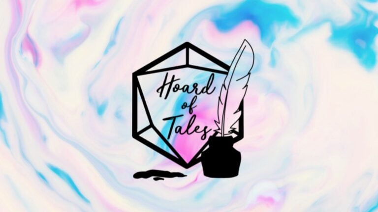 The image features a background of pastel swirls in blue, pink, and white. In the foreground, a black ink pot with a quill rests beside a geometric shape containing the words "Hoard of Tales," evoking an enchanting TTRPG event waiting to unfold.