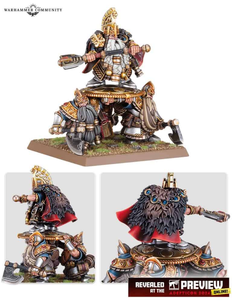 A detailed miniature figure from the anticipated Warhammer Preview depicts a heavily armored warrior with a large hammer and ornate helmet. The figure is adorned with intricate details and a cloak featuring a face design, captured from various angles to showcase the craftsmanship.