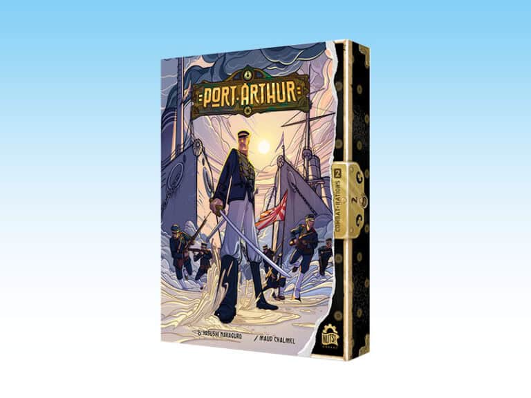 The "Port Arthur" board game box showcases an illustrated naval officer and ships, capturing the essence of the Russo-Japanese War. A setting sun graces the background with a decorative border, hinting at a captivating strategy game experience within.