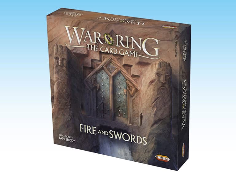 Box cover of "War of the Ring: The Card Game - Fire and Swords" expansion. The artwork features an ornate door set in a stone wall, with the title prominently displayed. The sky in the background is a gradient of light blue, capturing the essence of epic battles and strategy.