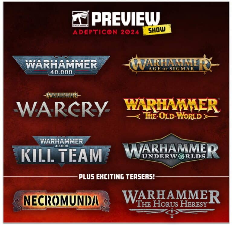 Promotional image for the Warhammer Preview at AdeptiCon 2024, showcasing game logos like Warhammer 40,000, Age of Sigmar, Warcry, The Old World, Underworlds, Kill Team, Necromunda, and The Horus Heresy.