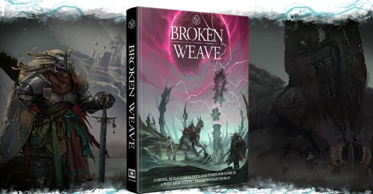 Cover of the "Broken Weave" game book. It features fantasy characters in armor, a shattered landscape under a pink, lightning-filled sky, and a prominent dark-clad figure. The tragic fantasy setting immerses you into its 5th Edition world against a stylized, dramatic backdrop.