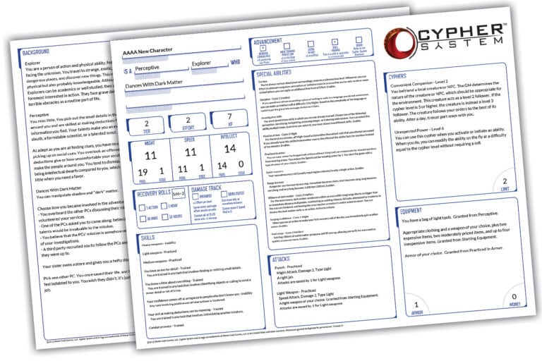 A character sheet for the Cypher System, crafted by Monte Cook Games, includes sections for background, stats, abilities, skills, and equipment. Filled in with notes and numerical details for an explorer using Cypher Tools to enhance their diverse abilities.