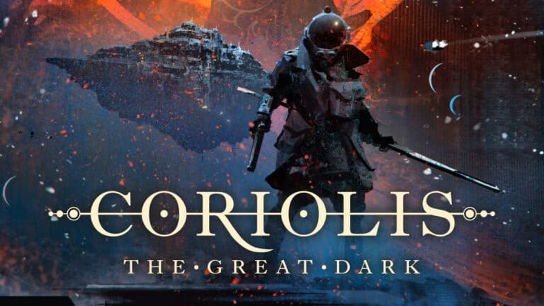 A sci-fi themed artwork showcases an armored figure in a space suit, gripping a weapon while floating before a massive spaceship. The cosmic landscape glistens with stars and fiery red-orange hues. Text proudly declares, "Coriolis: Kickstarter Success - The Great Dark.