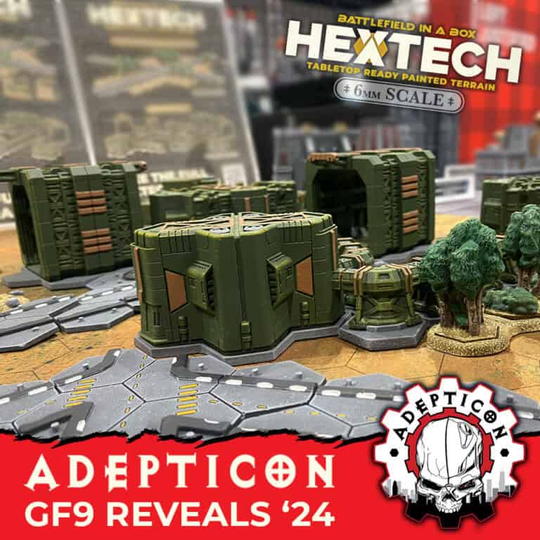 Tabletop setup featuring green hexagonal structures and terrain pieces, with a banner reading "Battlefield in a Box: Hextech" in the background. A logo in the foreground reads "Adepticon GF9 Reveals '24." Crafted by Gale Force Nine, this war scenery transforms your battlefield with sci-fi terrain.