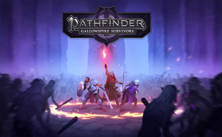 In "Pathfinder: Gallowspire Survivors," releasing soon, a mystical scene unfolds as three adventurers—a knight, a sorcerer with a glowing staff, and a rogue—stand in a magic circle surrounded by shadowy figures in an ominous setting.