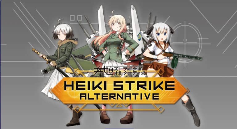 Three animated characters stand with futuristic weapons against a grey background. The central figure, evoking WW2 and anime themes, wears a green outfit with long blonde hair. "Heiki Strike Alternative" text is displayed in a yellow banner at the bottom, hinting at an exciting tactical card game experience.