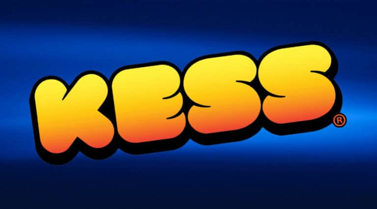 Bold yellow and orange gradient text reading "KESS," resembling the vibrant style of Toei Animation, with a black border, set against a dark blue background.