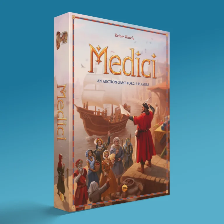 The box cover of the board game "Medici" by Reiner Knizia features vibrant artwork of merchants and sailors in historical garb at a lively port. Ships and goods fill the background. This auction game for 2-6 players promises strategic excitement.