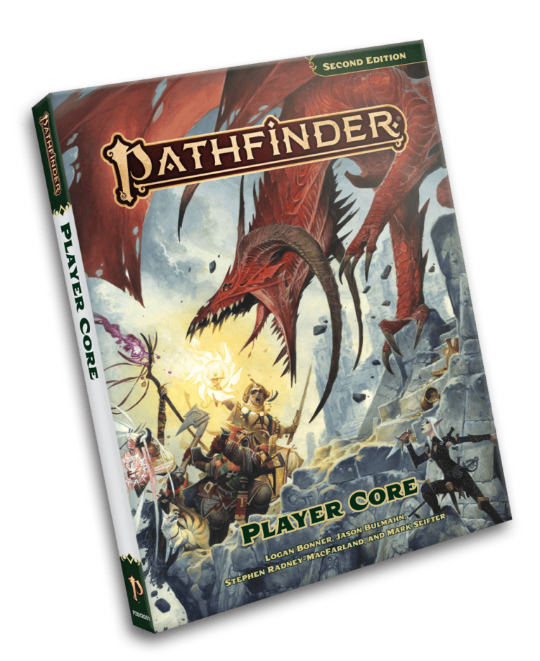 The cover of "Pathfinder: Player Core" 2nd Edition, by Paizo, showcases a dramatic scene where adventurers bravely battle a red dragon. The title is prominently displayed at the top, with author names below. The spine also features the title and edition.