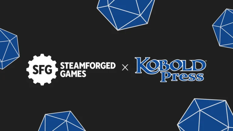 Logos of Steamforged Games and Kobold Press are centered on a black background, separated by an "x". Blue geometric shapes frame the corners, hinting at an epic collaboration like the Tales of the Valiant Starter Set.