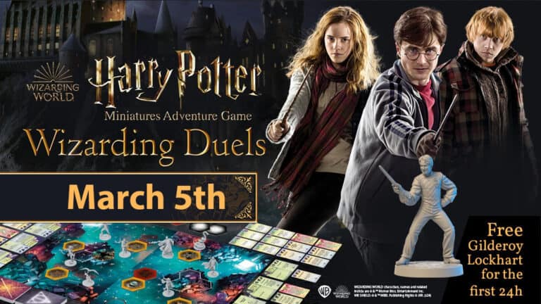 Promotional image for "Harry Potter Miniatures Adventure Game: Wizarding Duels," now on Kickstarter. Featuring character miniatures, a game board, and a Gilderoy Lockhart figure. Text reads "March 5th" and "Free Gilderoy Lockhart for the first 24h.