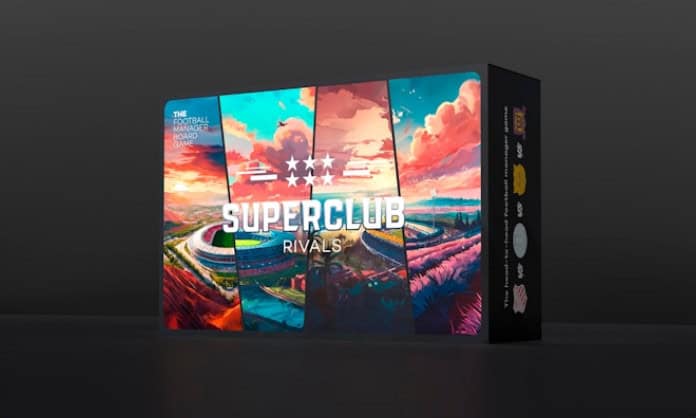 A colorful box for the board game "Superclub Rivals" is shown, highlighting its Kickstarter success. The design features vibrant illustrations of a stadium and landscapes under dramatic skies, with "The Football Manager Board Game" prominently displayed on the side.
