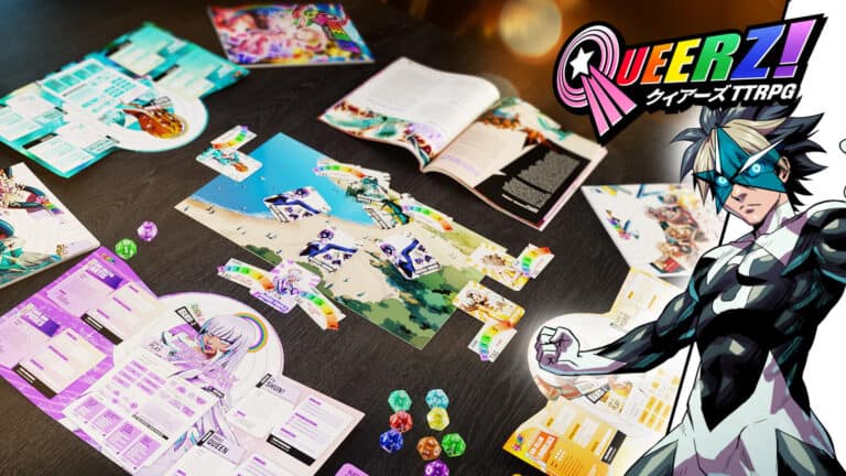 A vibrant tabletop RPG game setup features colorful character cards, dice, and a game board on a black table. An open game booklet and a dynamic, futuristic character illustration showcase the spirit of QUEERZ!, emphasizing diversity in every aspect. The logo "QUEERZ!" appears prominently in the top right corner.