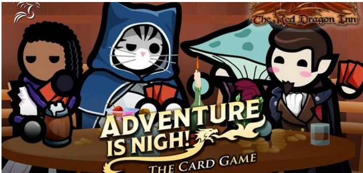Three fantasy characters, including a cat in blue robes, a mushroom creature, and an elf with pointed ears, sit at a table engrossed in a card game. Text reads "Adventure is Nigh! The Card Game," hinting at an epic journey on the Kickstarter horizon. Fantasy-themed decor completes the scene.
