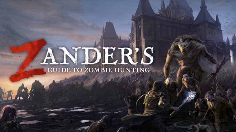 Medieval-style artwork of a zombie apocalypse at dusk. A monstrous creature leads a horde attacking a fortified castle. The text reads "Zander's Guide to Zombie Hunting," perfect for D&D Campaigns or as a Kickstarter project inspiration, with a large red 'Z'.