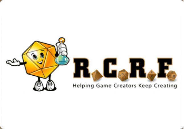 Illustration of a smiling, anthropomorphic 20-sided die holding a flask. The text "R.C.R.F." styled with dice reads "Helping Tabletop RPG Creators Keep Creating" below it. The white background symbolizes a blank slate for any campaign imaginable.