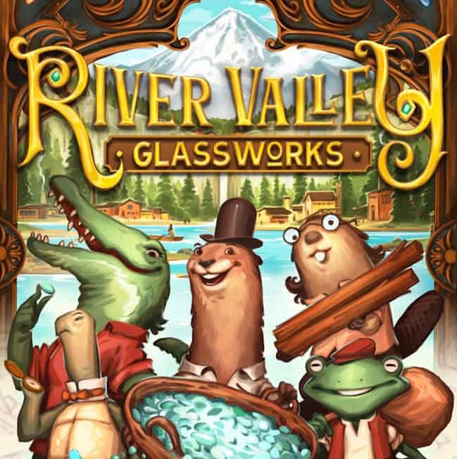 Illustration of anthropomorphic animals posing cheerfully. A beaver in a top hat holds a log, a frog from River Valley Glassworks wears glasses, a bird gestures excitedly, and an alligator smiles. Behind them, a scenic river valley with mountains and wooden cabins is depicted.