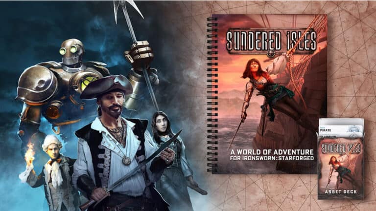 A fantasy-themed image showcases a giant robot, a pirate, and an elf-like character. A spiral-bound adventure book titled "Sundered Isles" hints at a thrilling campaign, complete with an asset deck box. All are meticulously designed for "Ironsworn: Starforged", perfect for any Kickstarter enthusiast’s collection.