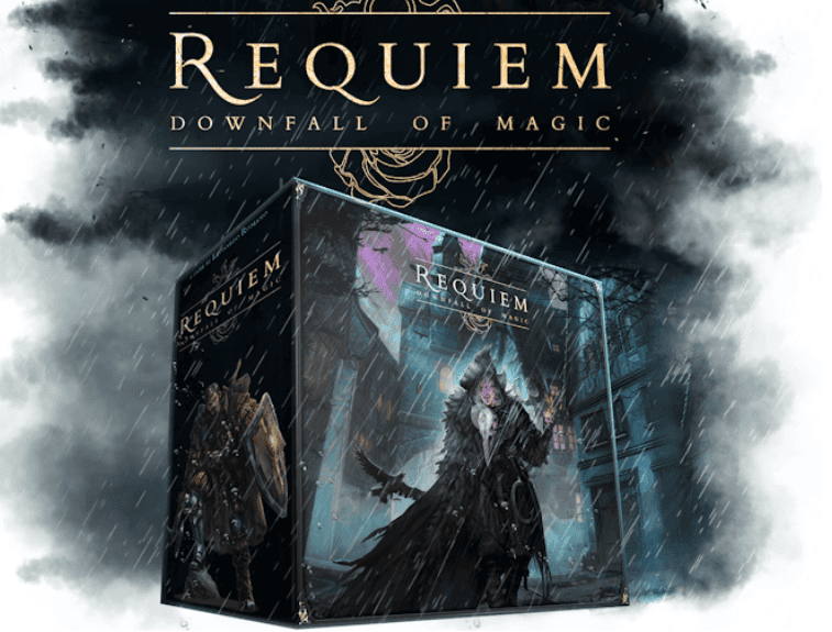 The board game box for "Requiem: Downfall of Magic" showcases a detailed illustration of a mysterious, cloaked figure wielding a staff, set against a stormy backdrop. This cooperative dark fantasy design hints at encounters with necromantic cultists, promising an epic adventure full of magic and mystery.