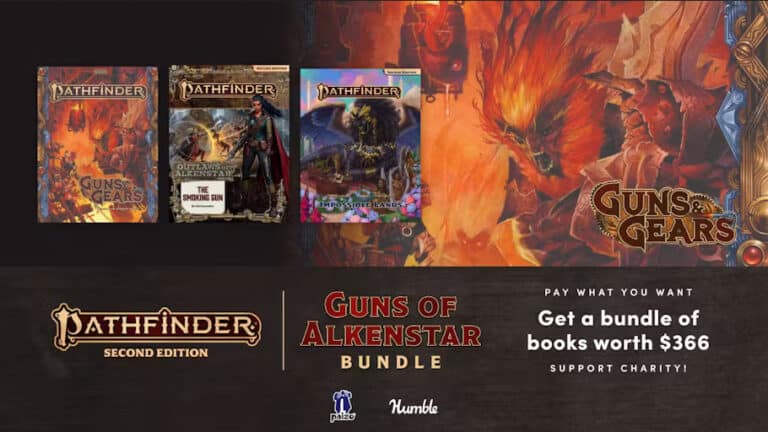 Discover the allure of Pathfinder Second Edition with this captivating image featuring three iconic book covers, including "Guns & Gears" and "Quest for the Frozen Flame." Dive into the "Guns of Alkenstar Bundle," valued at $366, available through a special Humble Bundle "Pay What You Want" offer from Paizo.