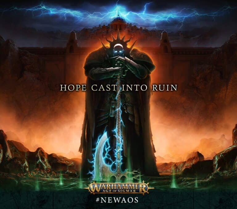 A cloaked figure with a glowing sword stands before a fortress, lightning and flames surrounding. Text reads "Hope Cast Into Ruin" and "Warhammer Age of Sigmar: Skaven Uprising." The atmosphere is dark and dramatic, heralding the thrill of the New Edition.