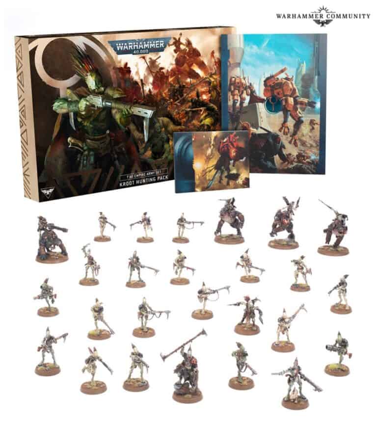 Box set of Warhammer 40K Kroot Hunting Pack by Games Workshop. Includes miniatures of Kroot warriors with various weapons, some posed in action stances. In the background, there's artwork featuring Kroot in battle. Packaging features Warhammer Community branding. Perfect for Sunday Preview fans!