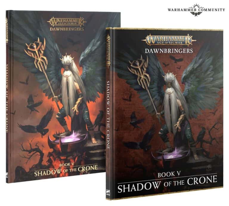 Cover of "Warhammer Age of Sigmar: Dawnbringers, Book V - Shadow of the Crone" showcases a mystical figure with a staff, surrounded by dark wings and ravens against a fiery landscape. Don't miss your chance to secure this anticipated release in upcoming pre-orders.