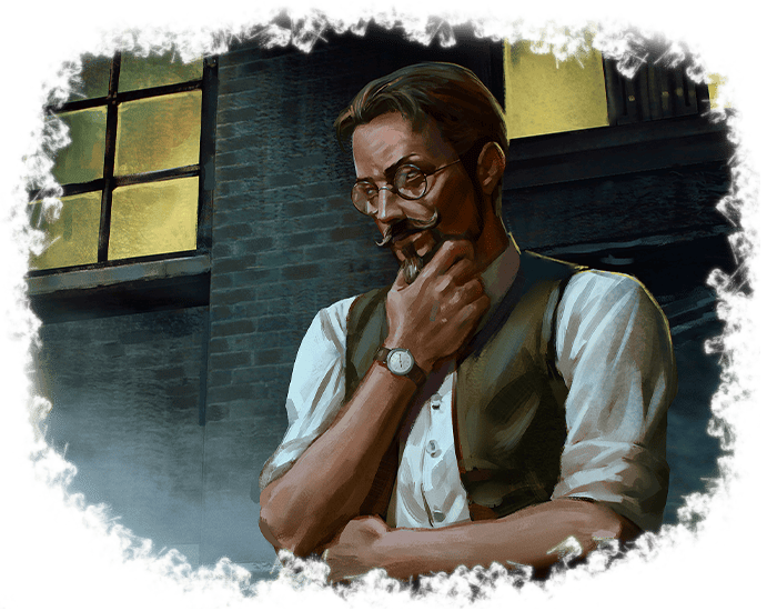 A thoughtful man with glasses and a moustache stands with a hand on his chin, reminiscent of Rex Murphy from Arkham Horror. Wearing a vest and rolled-up sleeves, he ponders in front of a dimly lit brick wall and a window with orange-tinted glass.