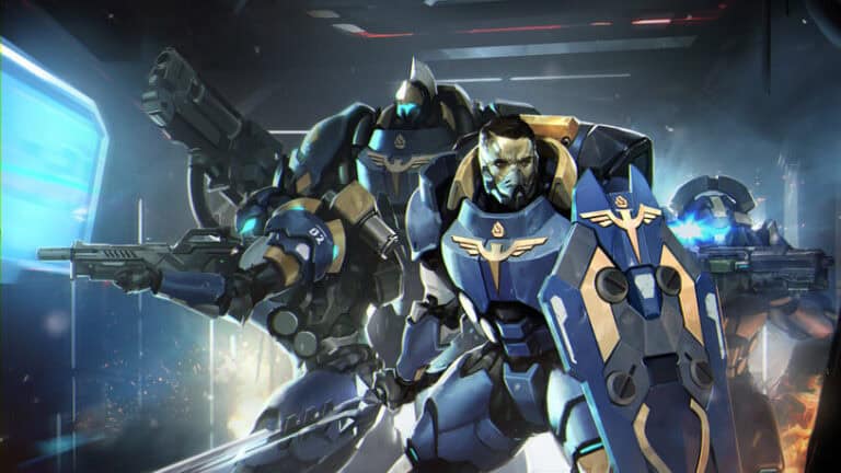 Futuristic soldiers, known as the Torchlight Brigade, wearing blue and gold armor, wield weapons and shields as they advance down a dimly lit corridor. These Infinity Fans appear determined, with glowing elements on their armor and a sense of urgency in their movement.