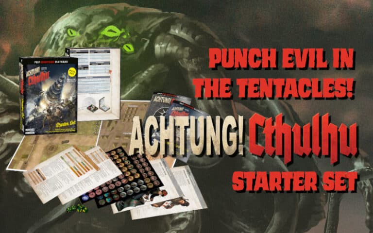 Promotional image for the "Achtung! Cthulhu Starter Set" from Modiphius with game components scattered in front of a Cthulhu mythos creature. Text reads "Punch Evil in the Tentacles!" in bold, red letters.