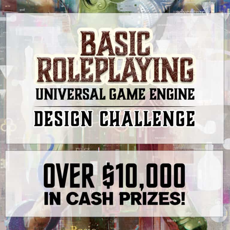Text-heavy promotional image for the Basic Roleplaying Universal Game Engine Design Challenge by Chaosium, highlighting over $10,000 in cash prizes. The background features abstract, colorful patterns designed to inspire tabletop RPG creators.